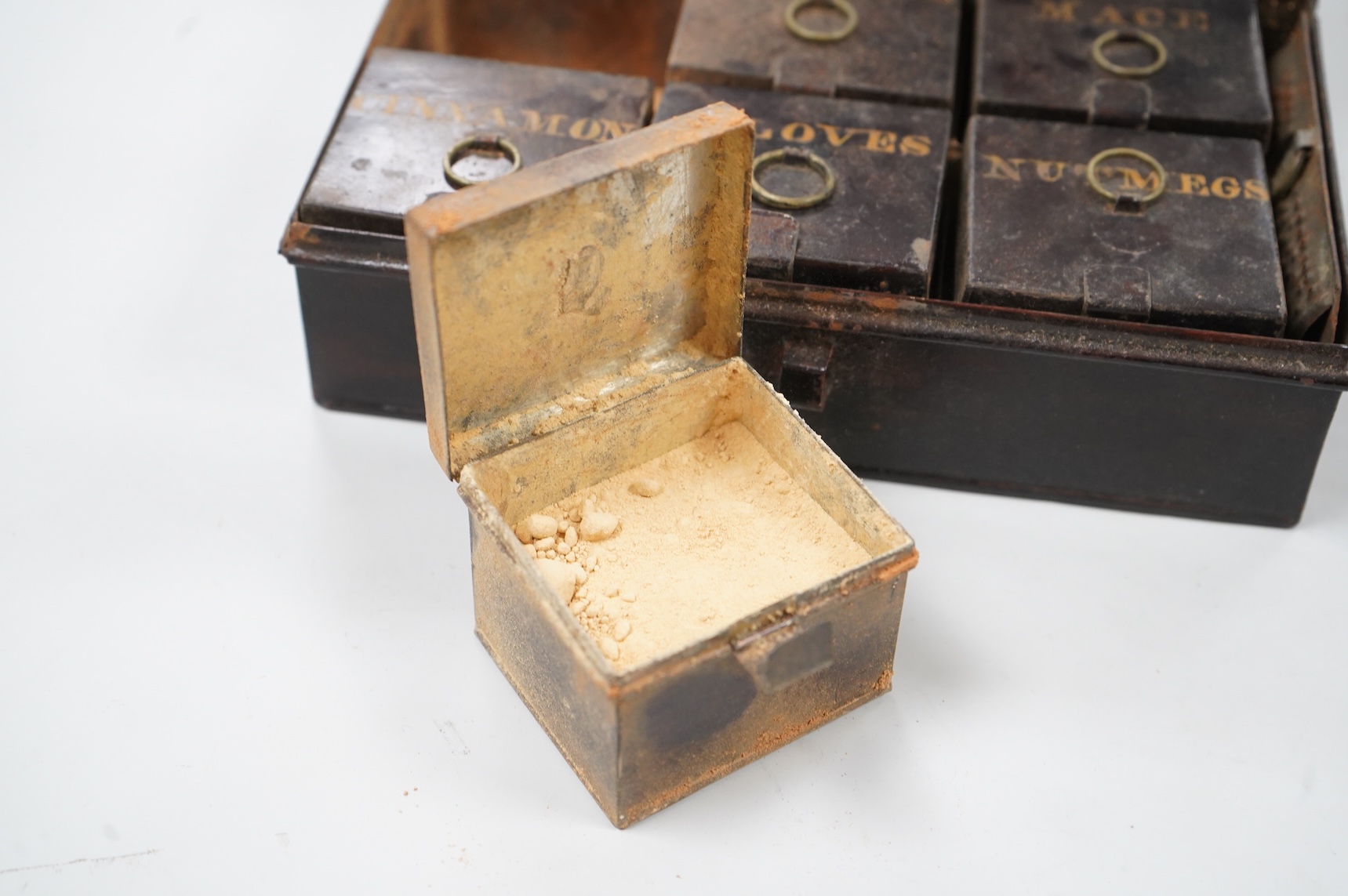 A Victorian compartmentalised spice tin to include Ginger, Allspice and Mace, with original grater, 20cm wide